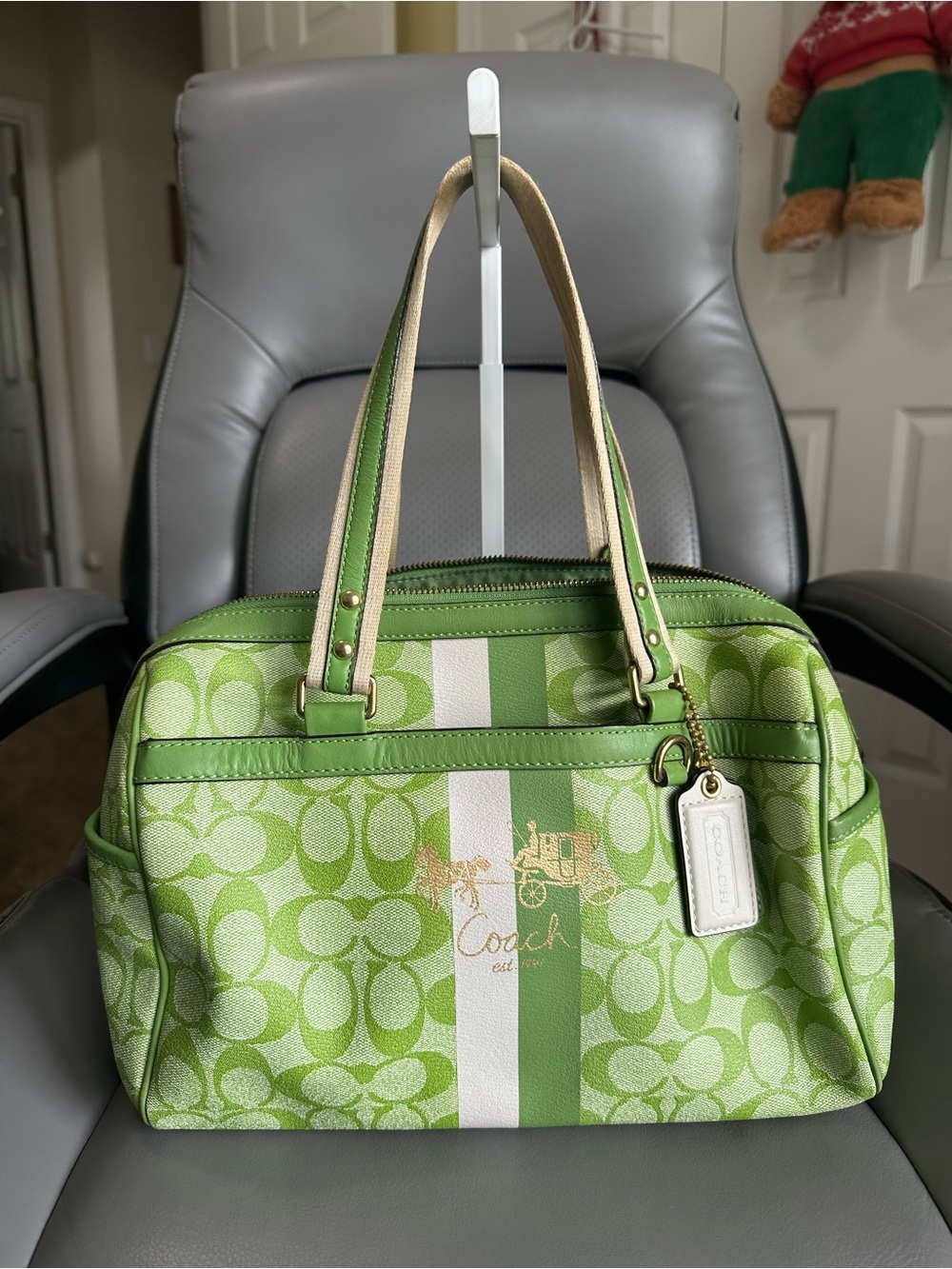 Coach Green Signature Stripe Satchel with White Center Stripe & Double Hang Tags